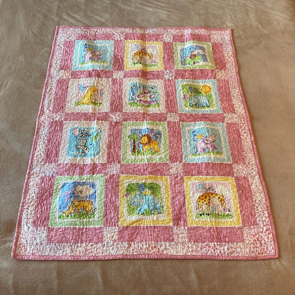 Vintage Handmade Baby Quilt Blanket Animal & Letter Squares Multipurpose 31x39